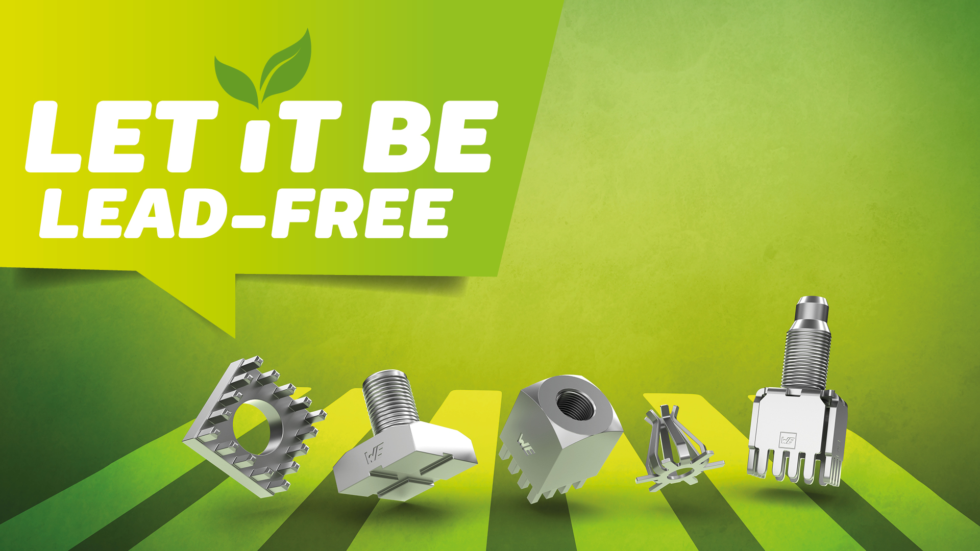 Teaserbild LF Powerelements 1920x1080px 5 bleifreie Hochstromkontakte auf einem Zebrastreifen mit einer Sprechblase mit LF-Slogan