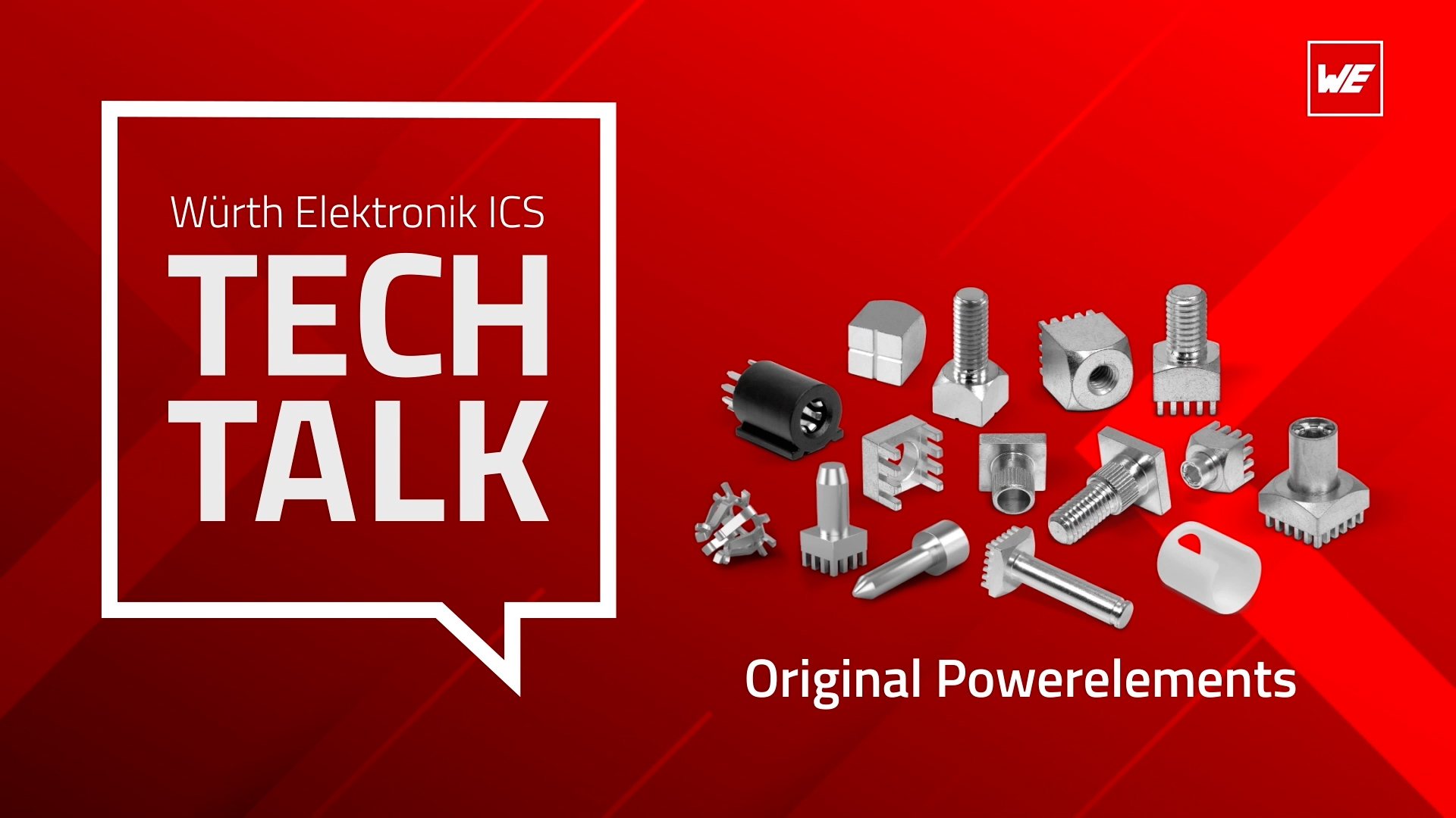 ICS TechTalk Thumbnail - Original Powerelements Verschiedene Powerelemente auf rotem Hintergrund mit Tech Talk Sprechblase.