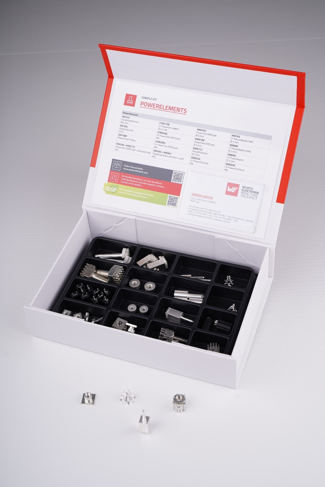 Powerelement Sample Kit open Opened Powerelement magnet box with description and Powerelements opened