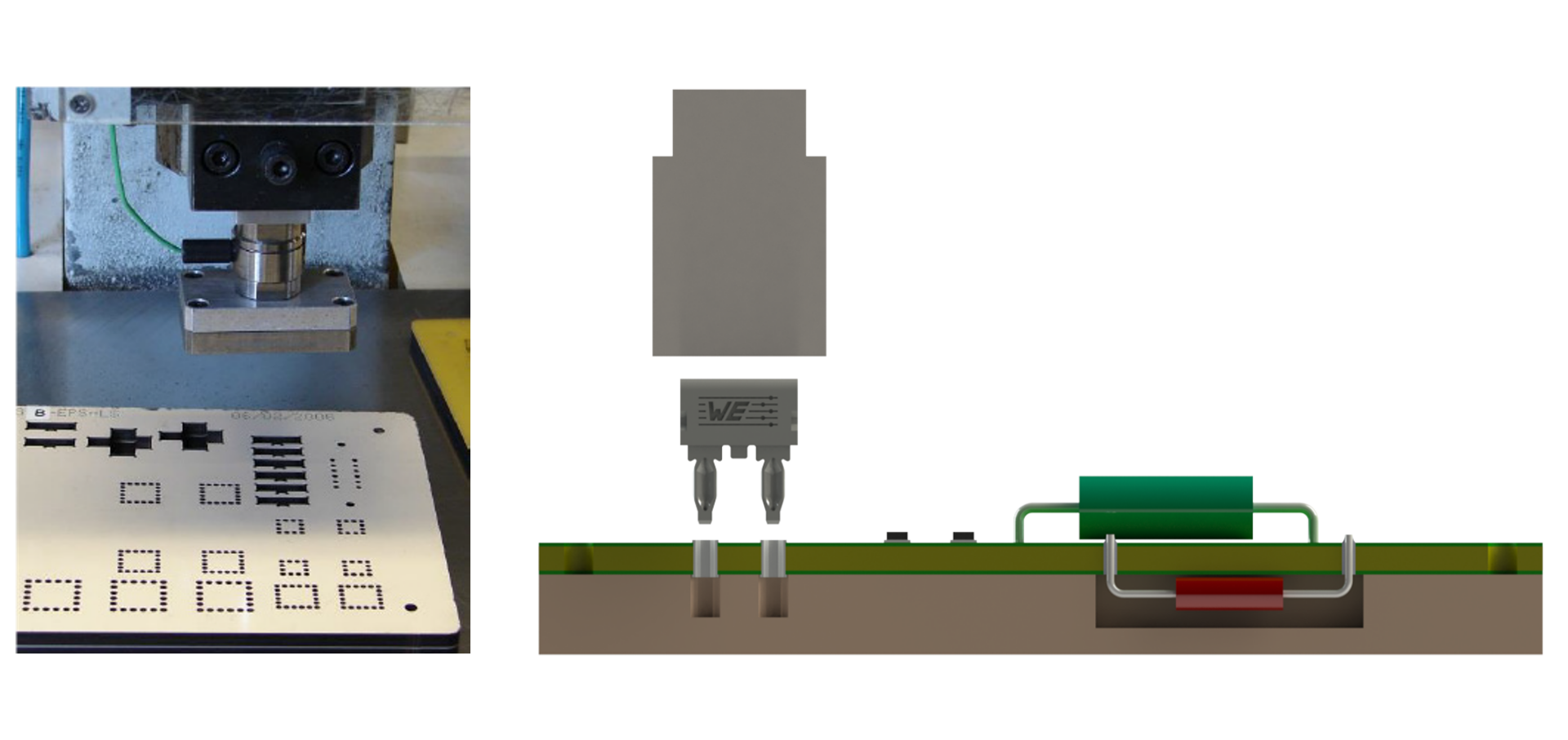 Foto & Skizze FPFT Einpressvorgang Fotographie und Skizze des Einpressvorgangs eines Powerelements mittels flexibler Einpresstechnik