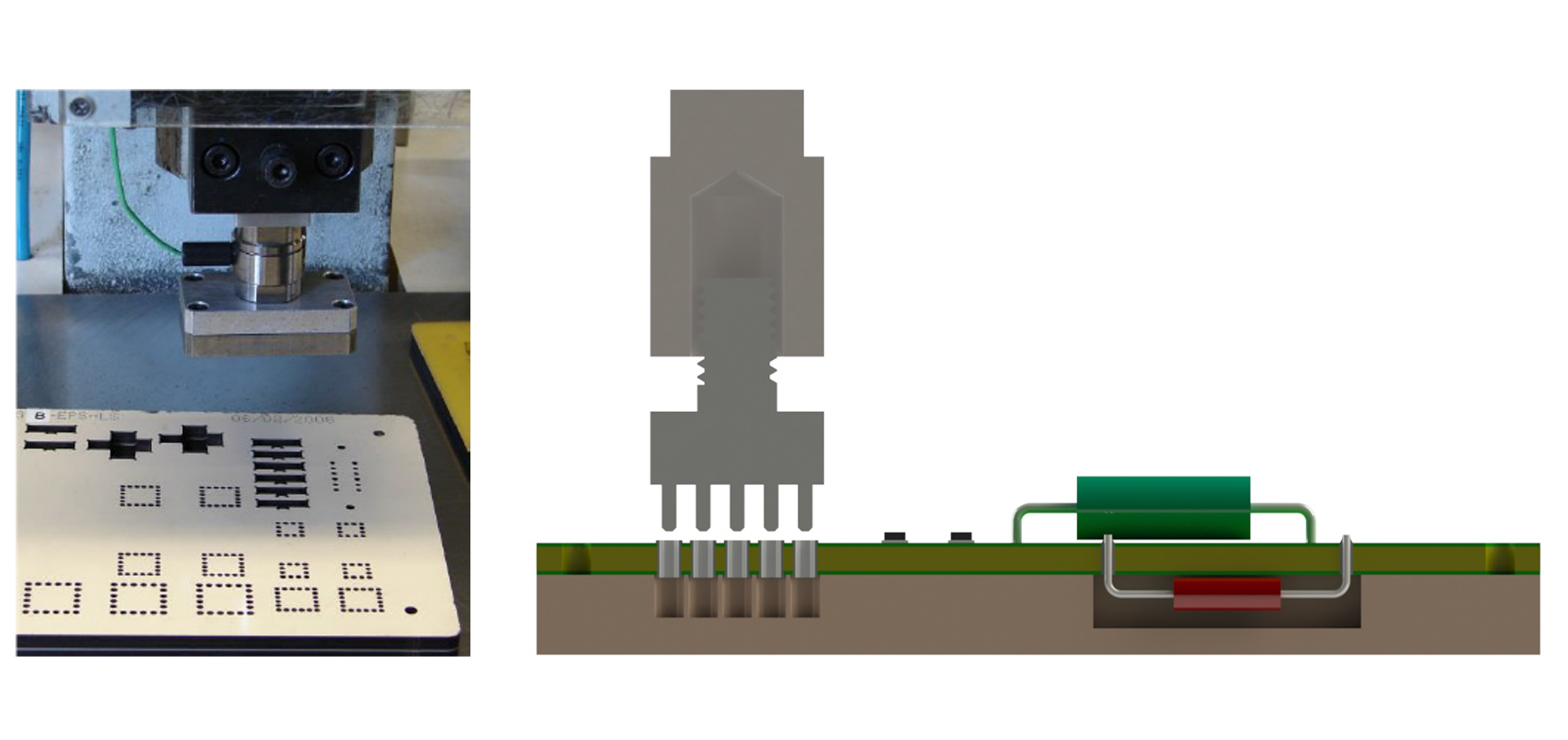 Foto & Skizze MPFT Einpressvorgang Fotographie und Skizze des Einpressvorgangs eines Powerelements mittels massiver Einpresstechnik
