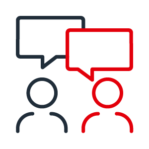 Icon Beratung 2C positiv Zweifarbiges Icon mit zwei Personen und Sprechblasen in rot und dunkelgrau symbolisch für Beratung