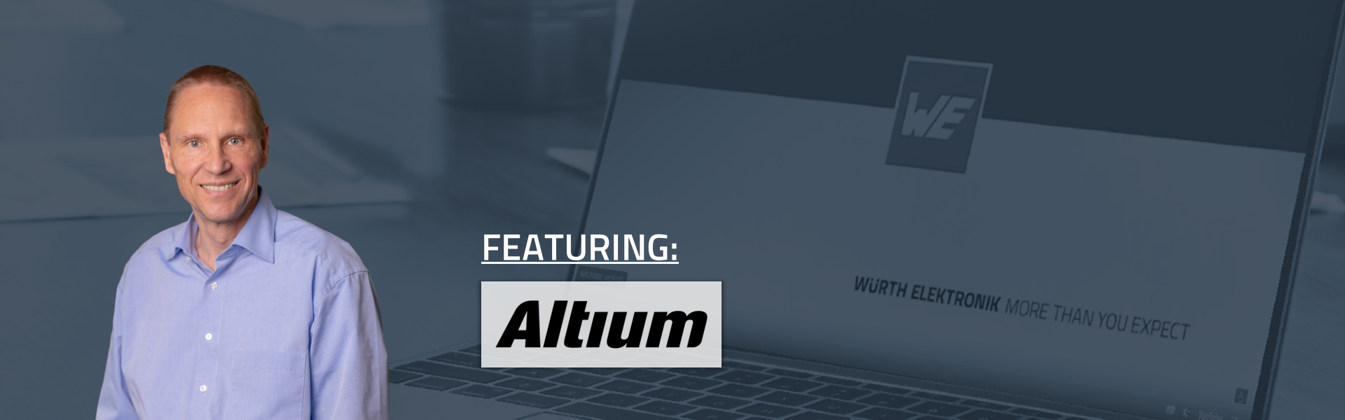 ICS Webinar DE: Leiterplattendesign mit Hochstromkontakten WE ICS Powerelement-Webinar "Leiterplattendesign mit Hochstromkontakten" mit Altium auf Deutsch – Werbebild mit vortragenden Experten links im Vordergrund, Laptop mit Unternehmenslogo im dunkelblauen Hintergrund