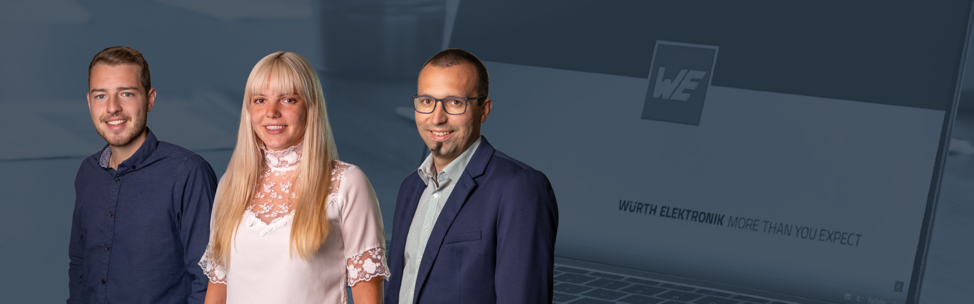 ICS Webinar DE: Herausforderungen und Lösungen für Stromverteilungssysteme auf Leiterplattenbasis WE ICS Powerelement-Webinar "Herausforderungen und Lösungen für Stromverteilungssysteme auf Leiterplattenbasis" auf Deutsch – Werbebild mit vortragenden Experten links im Vordergrund, Laptop mit Unternehmenslogo im dunkelblauen Hintergrund