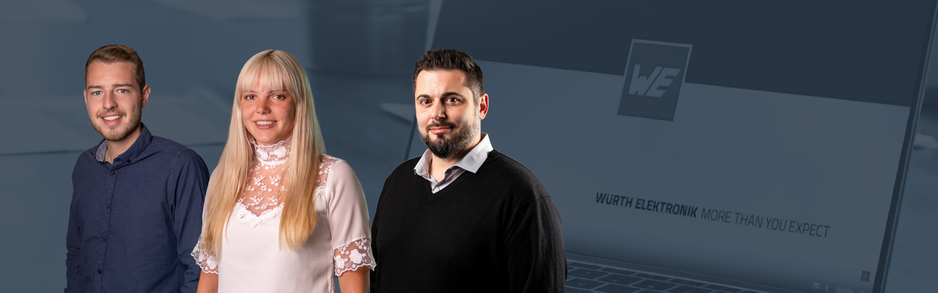 ICS Webinar EN: Challenges and solutions for PCB-based Power Distribution Units WE ICS Powerelement Webinar "Challenges and solutions for PCB-based Power Distribution Units" in English – promotional image with presenting experts in the left foreground, laptop with company logo in a dark blue background