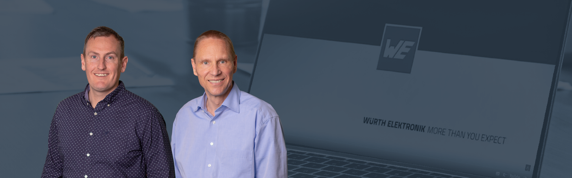 ICS Webinar DE: Hochstromkontaktierung in der Leistungselektronik WE ICS Powerelement-Webinar "Hochstromkontaktierung in der Leistungselektronik" auf Deutsch – Werbebild mit vortragenden Experten links im Vordergrund, Laptop mit Unternehmenslogo im dunkelblauen Hintergrund