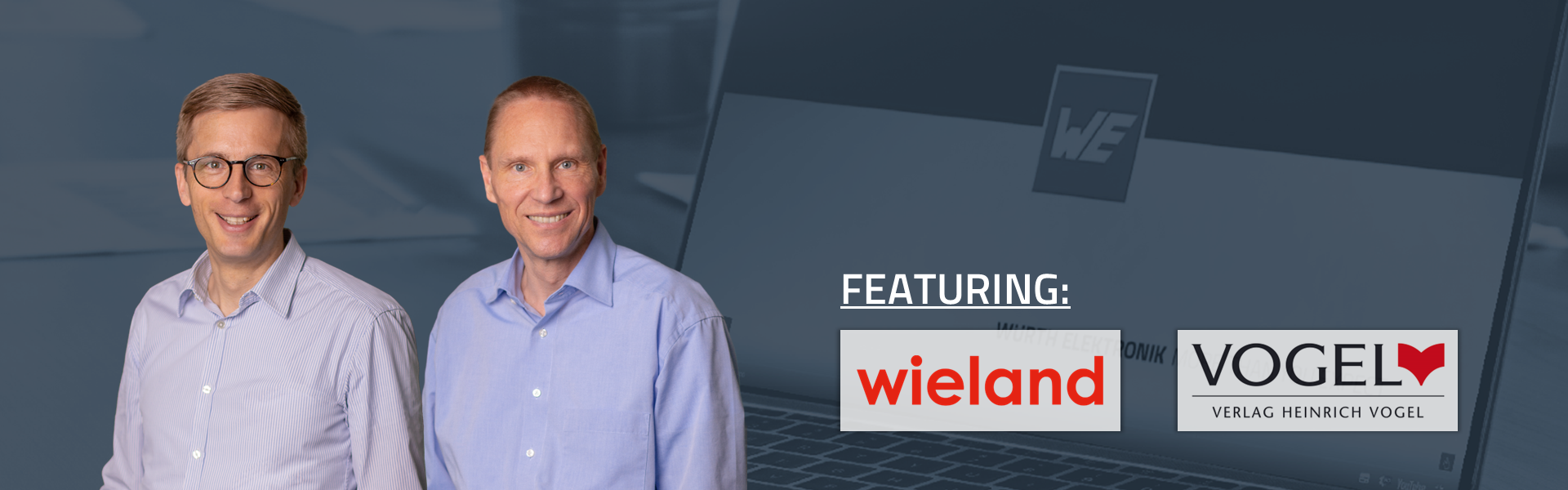 ICS Webinar DE: Wie Sie mit bleifreien Powerelementen zukunftssicher bleiben WE ICS Powerelement-Webinar "Wie Sie mit bleifreien Powerelementen zukunftssicher bleiben" mit Wieland Werke und Vogel Verlag auf Deutsch – Werbebild mit vortragenden Experten links im Vordergrund, Laptop mit Unternehmenslogo im dunkelblauen Hintergrund
