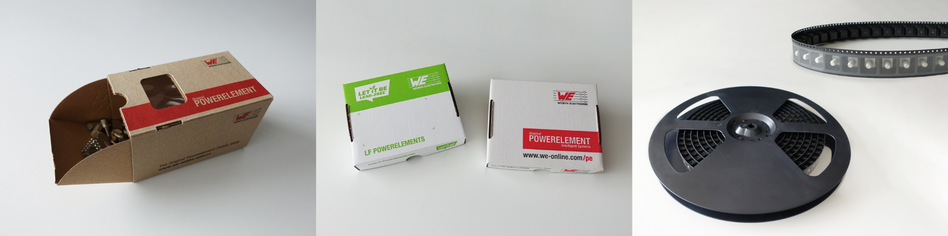 Packings Powerelements Collage Orsy box, telescope box, and ESD blister belt as packing material for Powerelements