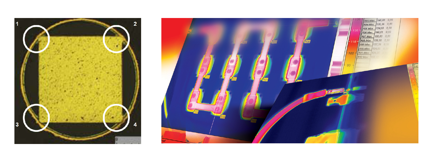 Qualification Powerelements Cross section and thermal image of a press-fit pin in drill hole of a printed circuit board