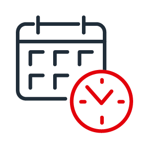 WE Icon Events Date Time 300px 2C pos Icon dark grey calendar with red clock in front on right side